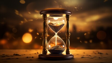 Time concept. Hourglass on dark toned foggy background.
