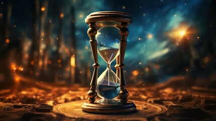 Time concept. Old hourglass on dark background. - obrazy, fototapety, plakaty