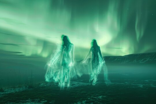 Ethereal image of ghostly figures under Northern Lights, merging mystery with natural majesty.

