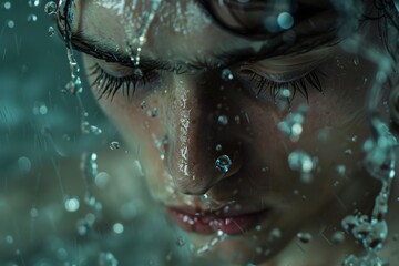 Intimate moment captured with a person's face partially immersed in water, serene and thoughtful

