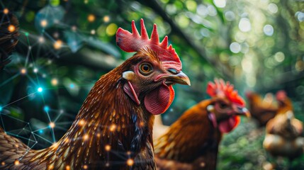 Two chickens with one of them looking at the camera. The background is blurry and has a lot of dots