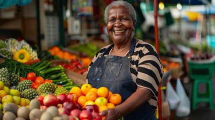 African American fruit shop owner, smiling, small fruit business owner selling fresh produce and...