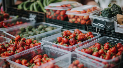 Fresh strawberries in clear containers at a market, surrounded by various fruits and vegetables. - Powered by Adobe