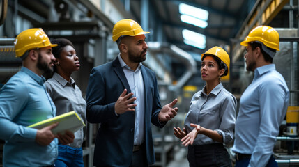 group of professionals in a discussion at an industrial facility