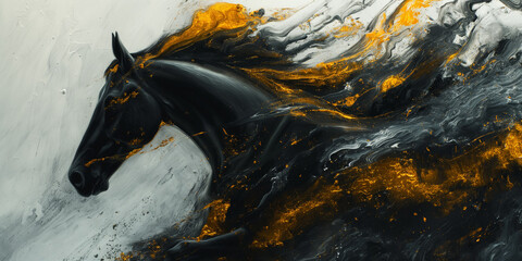 Pferd abstrakte Malerei, Ölfarbe, goldene und schwarze Pinselmalerei - obrazy, fototapety, plakaty