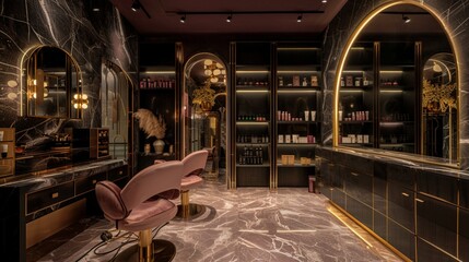 amazing beauty salon interior, amazing dark color grading with pink and yellow accents, dim lighting - obrazy, fototapety, plakaty
