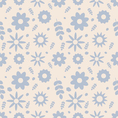Seamless spring pattern with flowers and stems with leaves. Pastel