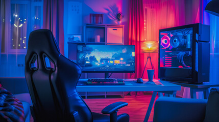 Gaming armchair in front of the desk with a view of a large monitor