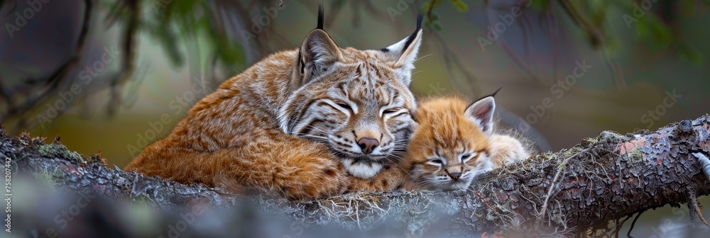Poster male bobcat and kitten portrait with space for text, object on right side for balanced composition