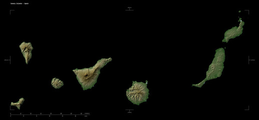 Canary Islands - Spain shape isolated on black. Pale elevation map © zelwanka