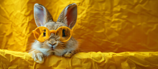 Cute bunny buster rabbit in glasses on a yellow background. Panoramic image.