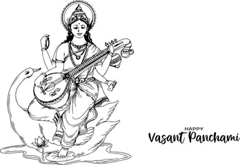 Happy Vasant Panchami festival celebration card with goddess Saraswati illustration