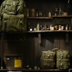Naklejka premium Military memorabilia collection with camouflage fabric and ration on wooden board