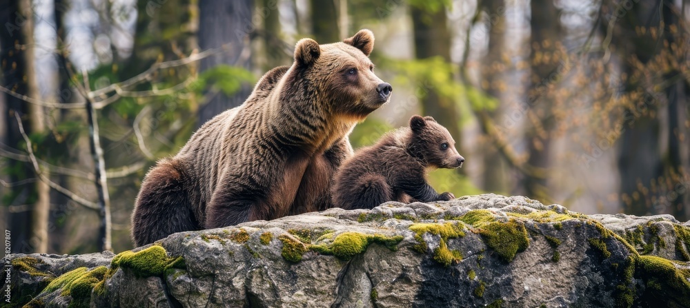Poster male bear and cub portrait with empty space for text, object on side, perfect for adding information