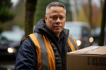 Smiling pizza delivery person with hot, delicious pizza box standing at the front door of a house