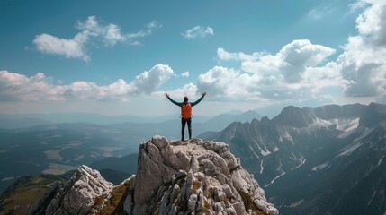 An aerial view of a person standing on top of a mountain with arms raised in victory, showcasing the feeling of overcoming challenges and reaching new heights - obrazy, fototapety, plakaty