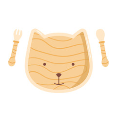 Cat kid tableware. Wooden plate, fork, spoon for child. Kids eco-friendly utensils. Baby nutrition and feeding lifestyle concept. Isolated vector illustration in cartoon style