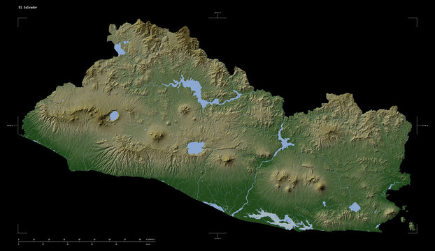 El Salvador shape isolated on black. Pale elevation map