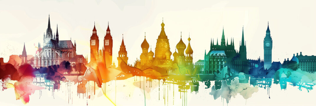Iconic cityscapes in watercolor, panoramic skyline art