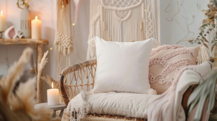 Fototapeta premium White Blank Pillow Mockup Set Against A Backdrop Of Feminine And Boho-Inspired Decor. Cozy Decor. Decor With Plants And Serene Ambiance