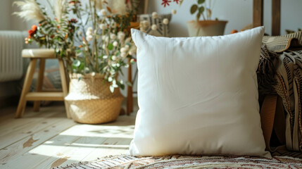 Fototapeta na wymiar White Blank Pillow Mockup Set Against A Backdrop Of Feminine And Boho-Inspired Decor. Decor With Plants And Serene Ambiance