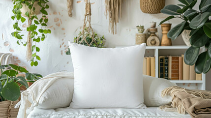 White Blank Pillow Mockup Set Against A Backdrop Of Feminine And Boho-Inspired Decor. Cozy Decor. Decor With Plants And Serene Ambiance