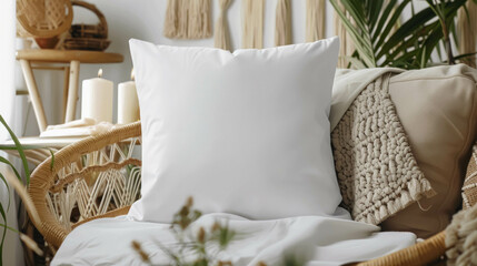 White Blank Pillow Mockup Set Against A Backdrop Of Feminine And Boho-Inspired Decor. Cozy Decor. Decor With Plants And Serene Ambiance