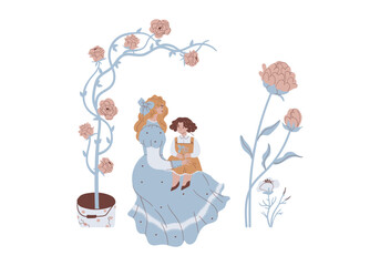 Mother's day family in the flower garden mother with child