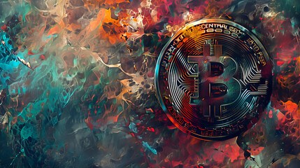 A dreamlike and bizarre painting of the Bitcoin logo, rendered in the Surrealist style - obrazy, fototapety, plakaty