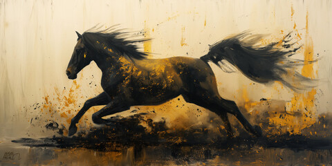 Pferd abstrakte Malerei, Ölfarbe, goldene und schwarze Pinselmalerei
