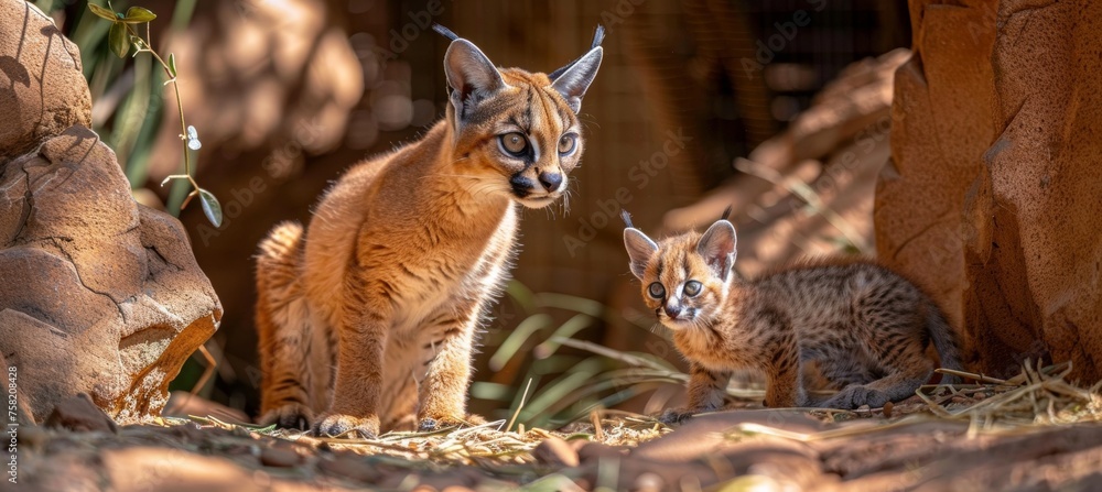 Poster male caracal and kitten portrait with space for text and object on right side for captions