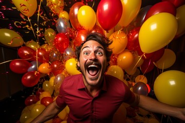 Excited man celebrating huge jackpot win at the casino, joyful gambler celebrating big prize in casino game