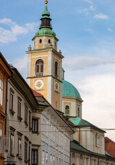 Fototapeta na wymiar Saint Nicholas's Cathedral, Katedrala Sv. Nikolaj from Mestni trg, Ljubljana, Slovenia.