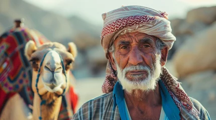 Fototapeten an older muslim man with camels in a desert landscape, © sania