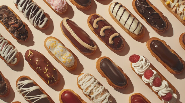 Decadent Eclairs Assortment Covered in Chocolate Glaze and Filled with Cream - Elegant and Delicious Sweet Dessert - on Vibrant Background 
