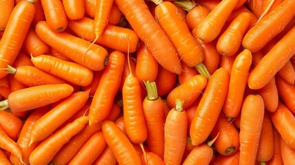 Organic fresh large orange carrots creating a textured background in vibrant hues