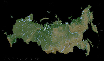 Russia shape isolated on black. Pale elevation map
