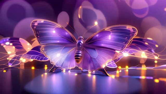 A stunning purple butterfly gracefully flutters, surrounded by dazzling lights that enhance its beauty and magic