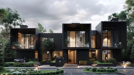 Modern living redefined: Black modular townhouses with a touch of green urban oasis.