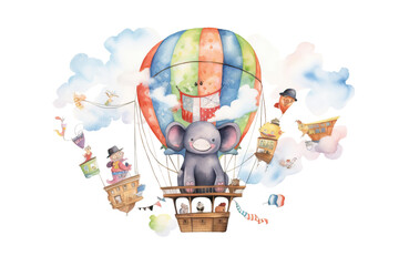 air Friends air white Watercolor balloon hot background Isolated travel traveling poster clouds Animals - obrazy, fototapety, plakaty