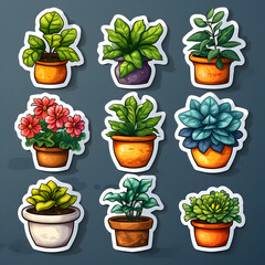 Assorted succulents in colorful pots. Vector stickers set isolated on grey background. Home gardening and decor concept. Design for stickers, stationery, banner, and poster