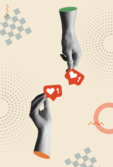 Social media positive feedback heart symbol and hands in retro collage vector
