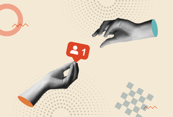 Social media follower symbol and hands in retro collage vector