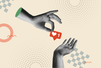 Positive feedback, social media heart symbol and hands in retro collage vector