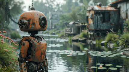 A robot is standing in front of a house with a rusty train in the background. The scene is set in a lush green field with a river running through it