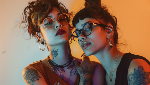 A lesbian couple with glasses and tattoos smiling affectionately at each other. LGBT
