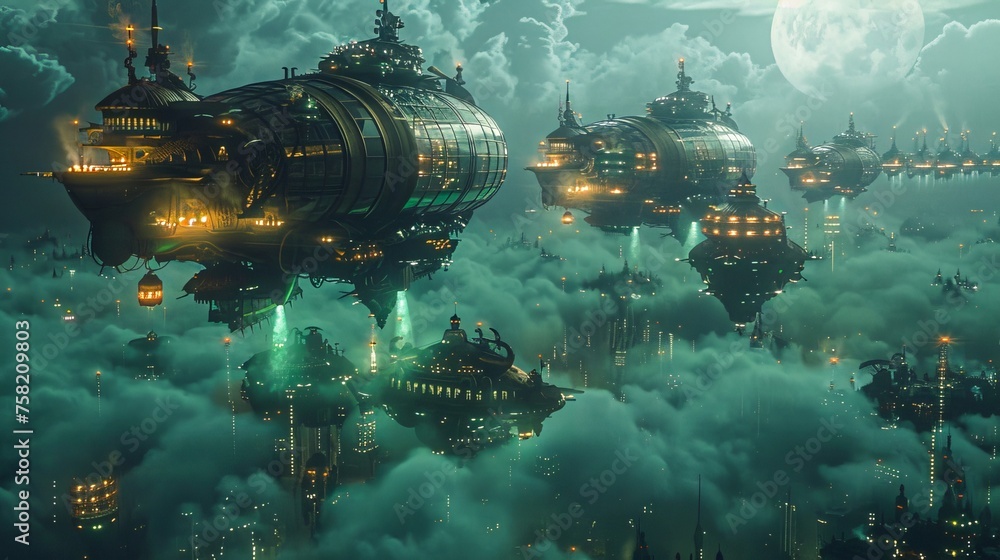 Wall mural a group of spaceships flying through a cloudy sky. scene is mysterious and futuristic