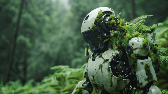 A robot covered in moss and leaves is standing in a forest. The image has a surreal and mysterious mood, as the robot appears to be a hybrid of human and machine, blending into the natural environment