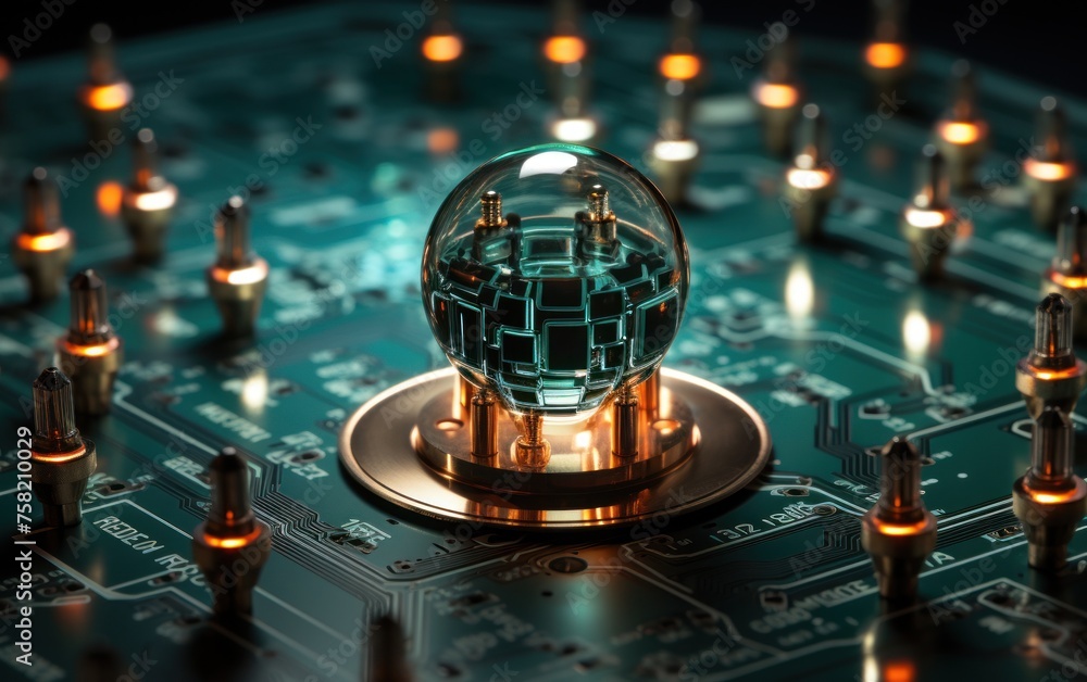 Poster detailed view of a circuit board showing multiple illuminated lights
