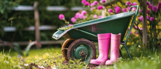 Garden gardening summer spring day concept background - Close up of green wheelbarrow and pink rubber boots on a meadow garden bed, illuminated by the sun